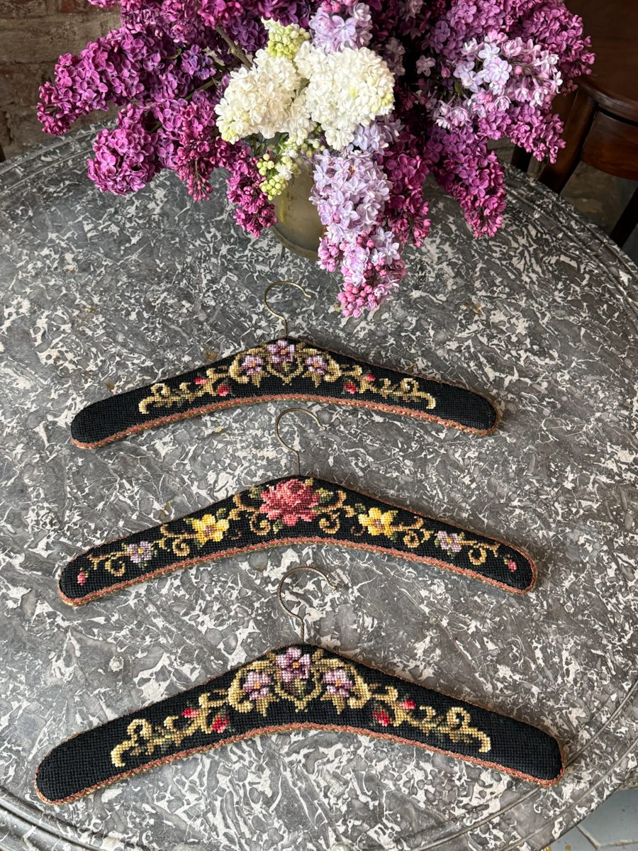 antique needlepoint hangers floral velvet set