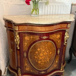 French style inlaid commode with bronze mounts and marble top, vintage Louis XV marquetry credenza
