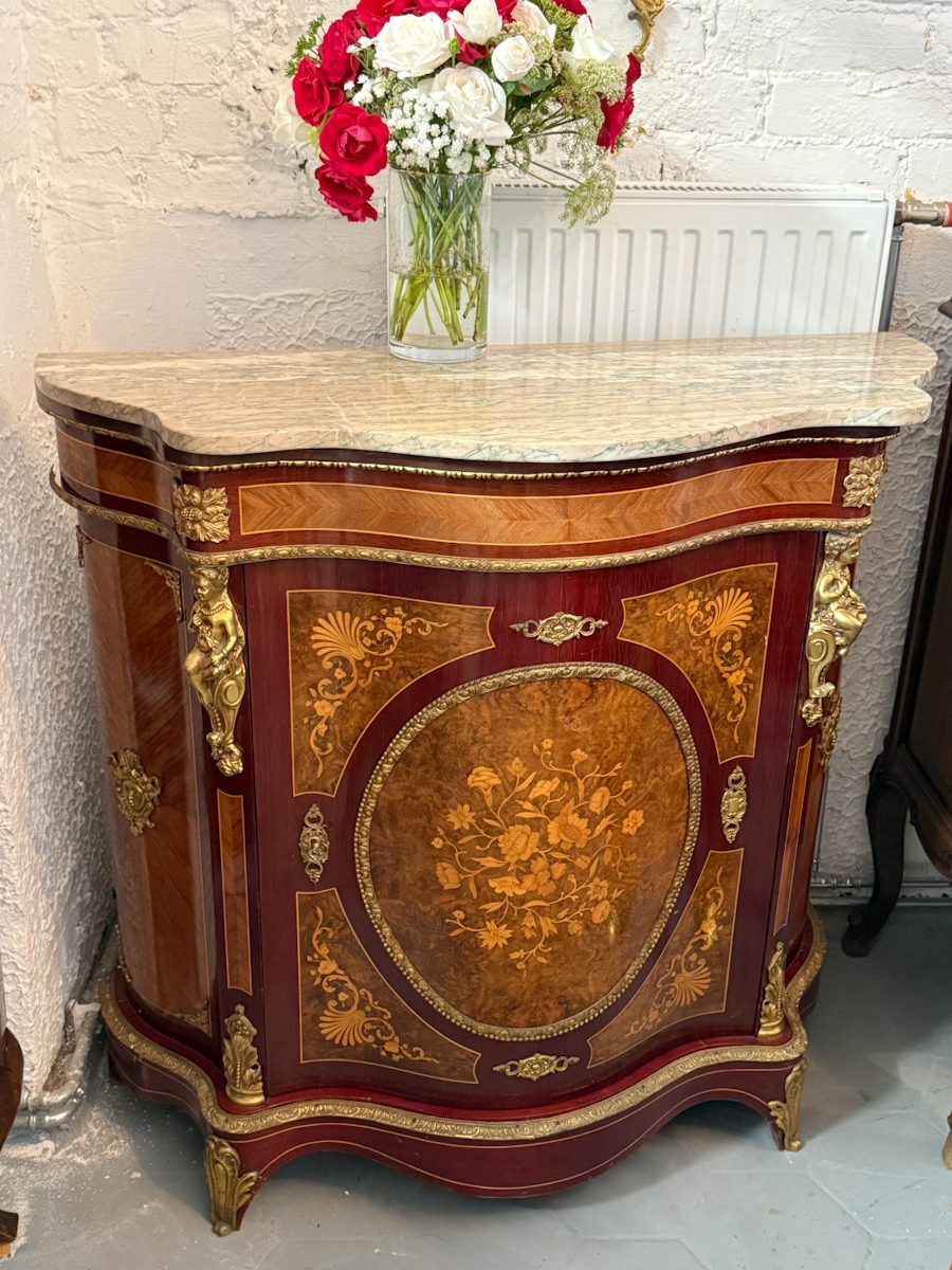 French style inlaid commode with bronze mounts and marble top, vintage Louis XV marquetry credenza