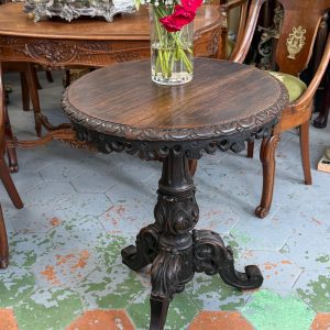 carved oak side table antique Napoleon III style round tripod accent table