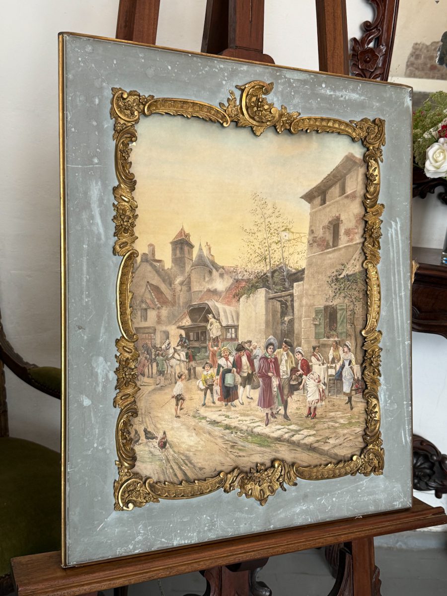 antique genre painting framed french street scene