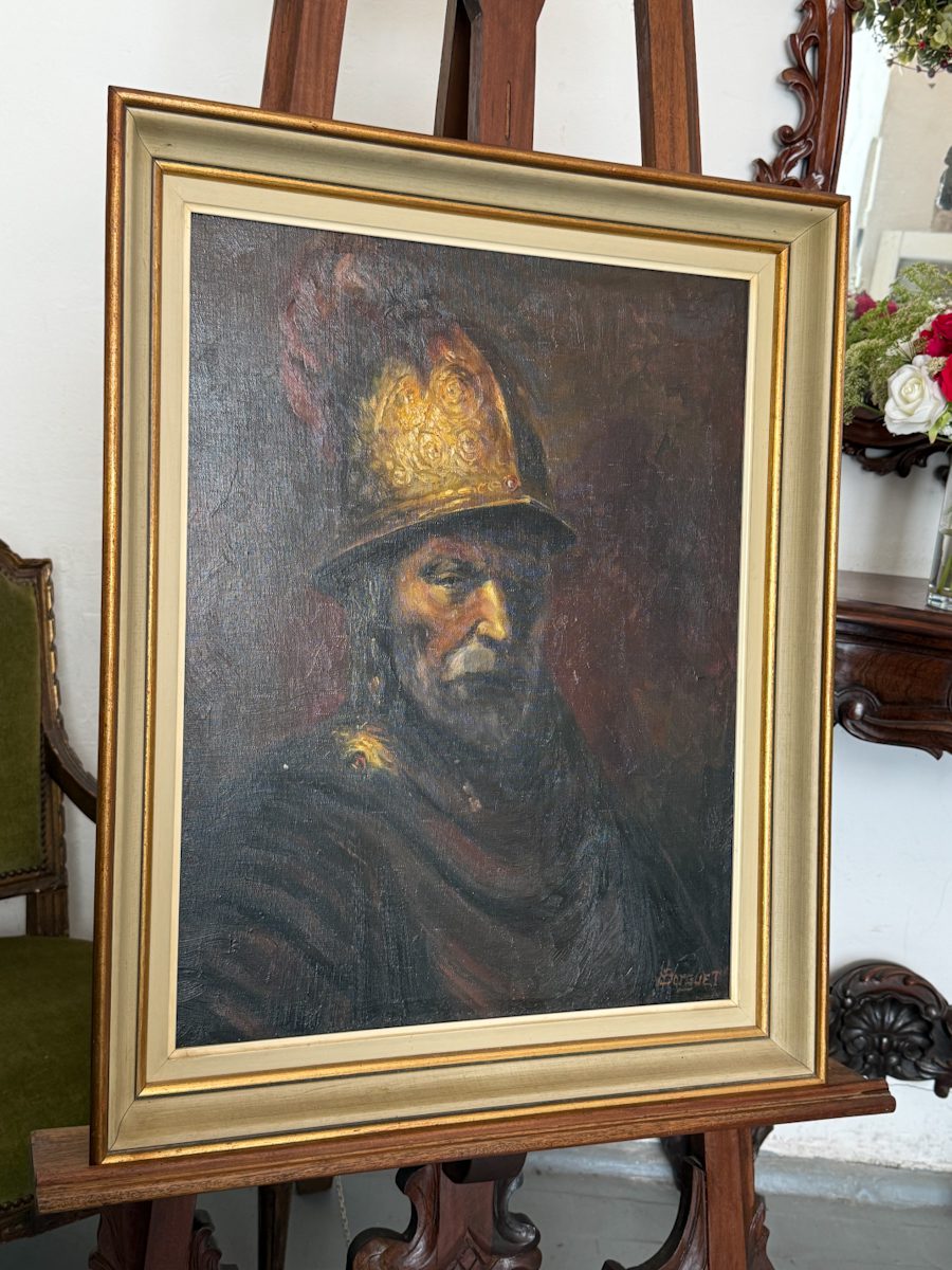 oil painting copy of rembrandt man in a golden helmet signed borguet
