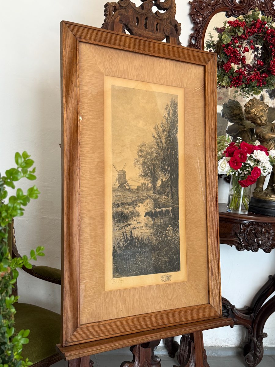 antique art engraving windmill landscape framed