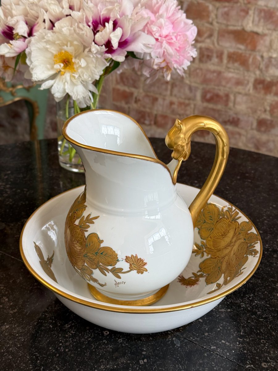 limoges porcelain pitcher and basin set with heavy gold floral detailing signed by m. caffy