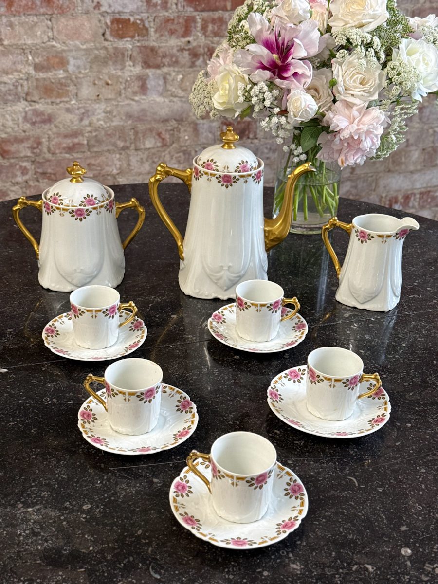 Limoges France porcelain coffee service with pink roses and gilt Art Deco border