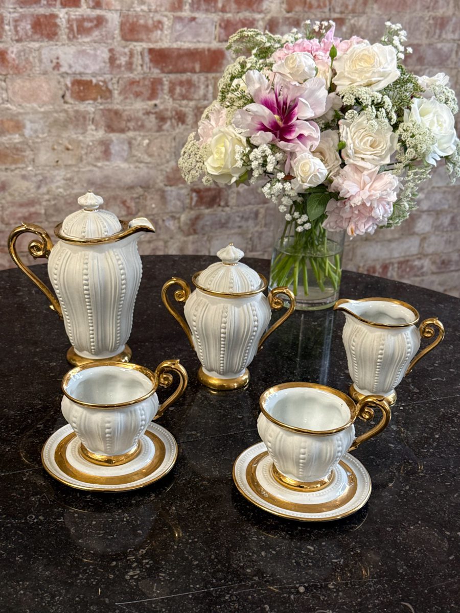 Gilt porcelain coffee service Les Perles by Manufacture de Couleuvre