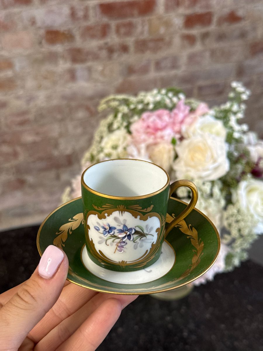 Antique Limoges porcelain espresso coffee cup and saucer with green enamel and gold gilt