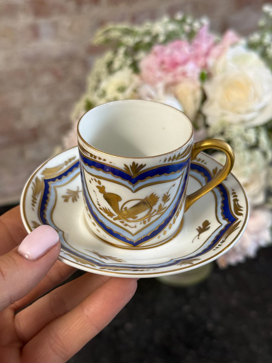 Antique Limoges porcelain coffee cup and saucer with cobalt blue borders and gold gilt motifs
