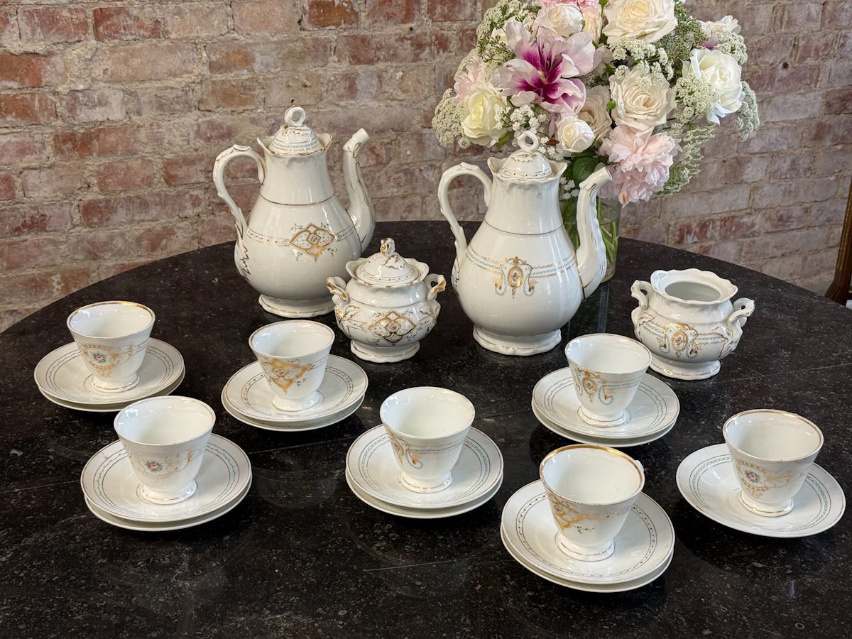 Porcelain tea and coffee set for 7 persons white with gold accents historicist style