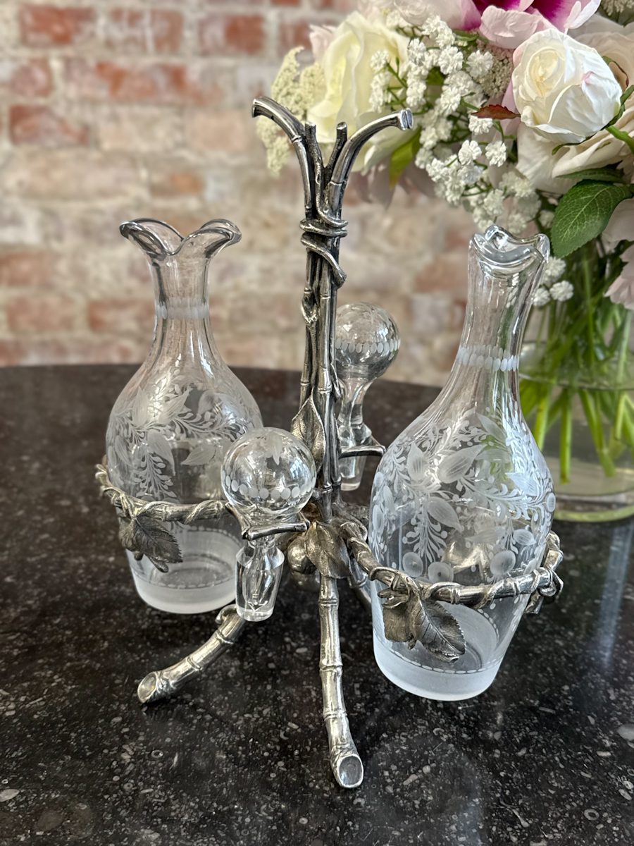 Antique glass cruet set with Britannia metal stand in art nouveau style
